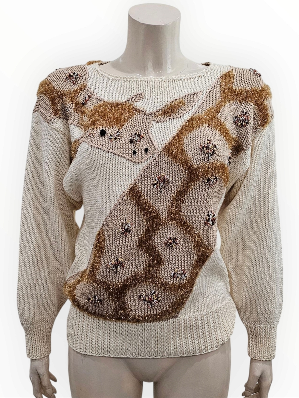 NANNELL Vtg Rayon Wool Blend Cream Tan Embroidered Knit Sweater S